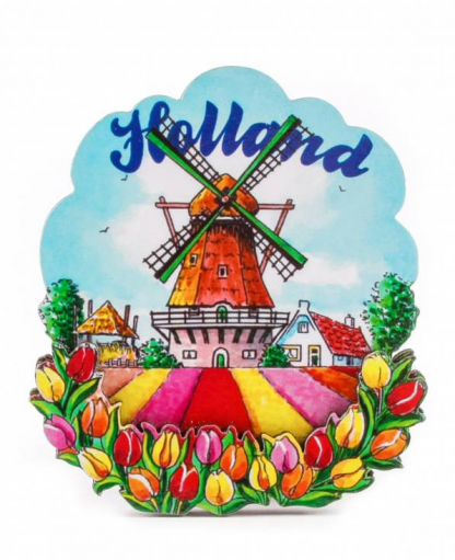 Koelkast magneet. Met molen en tulpen.