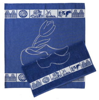 Blauwe keukendoek met klompen print.